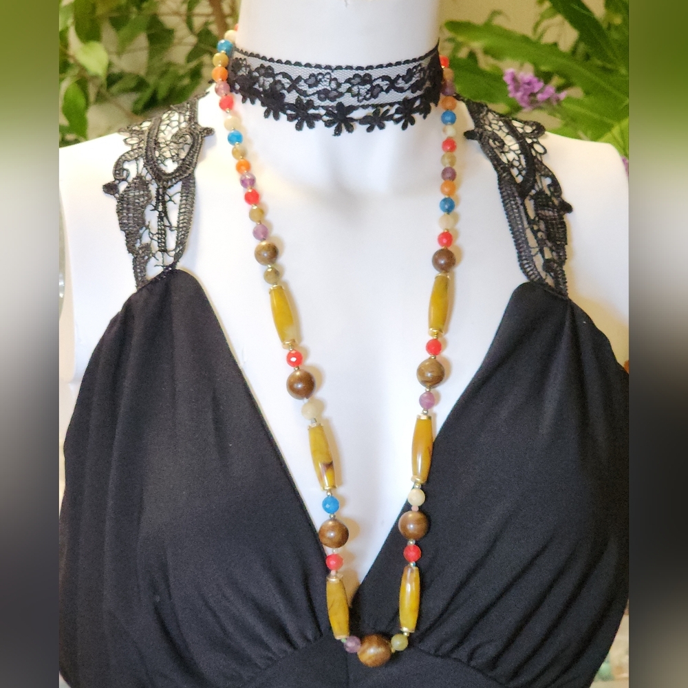 Vintage Colorful Long Beaded Statement Necklace 33"